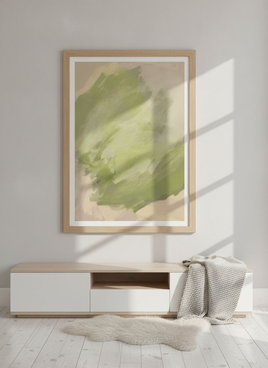 Modern wall art print styled on the wall in a bright Scandinavian living room