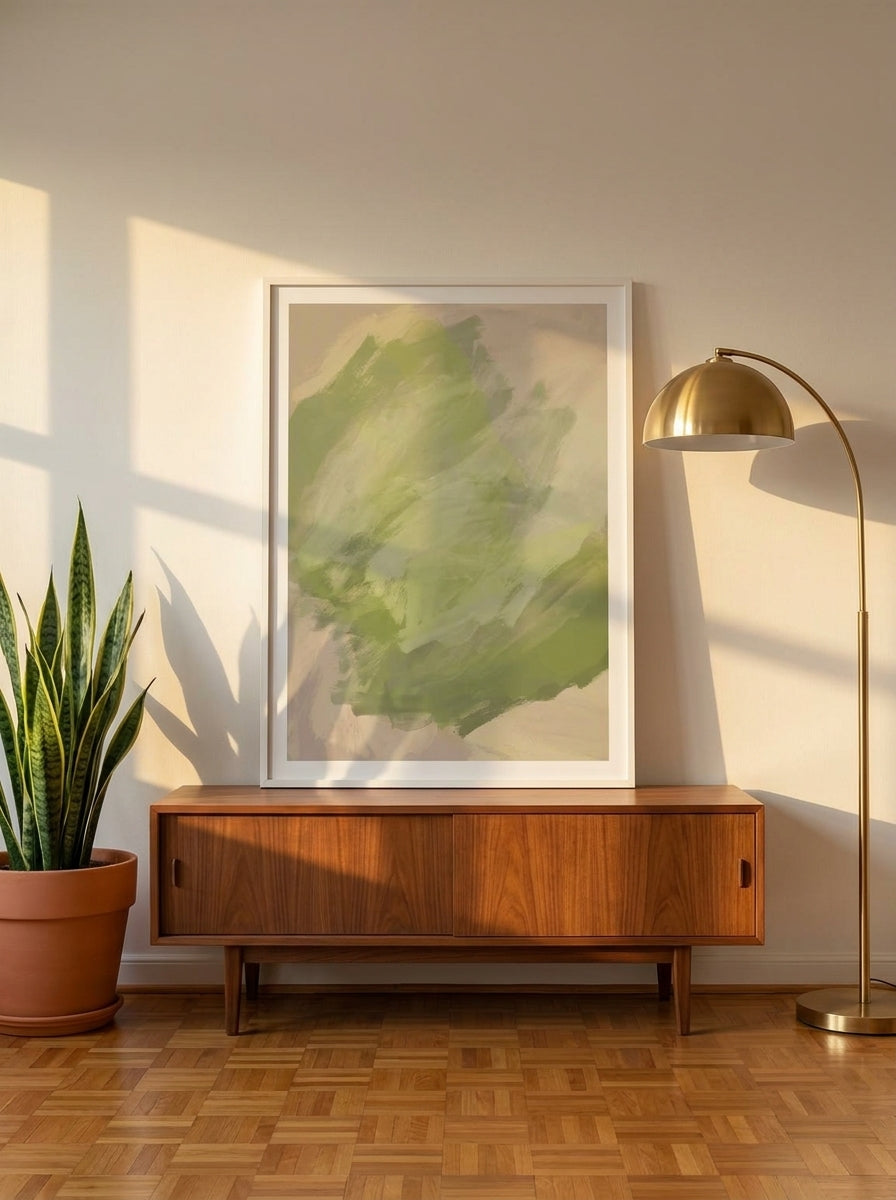 Modern wall art print standing on a sideboard in a mid-century bedroom