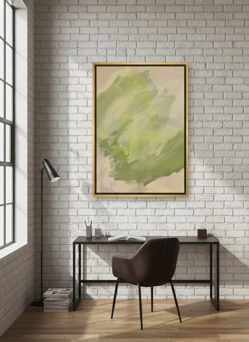 Canvas wall art with a gold leaf surround styled on the wall in an industrial loft home office