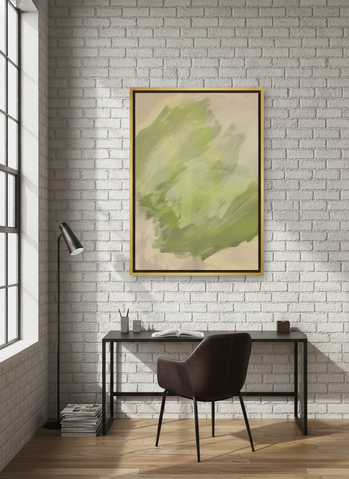 Canvas wall art with a gold leaf surround styled on the wall in an industrial loft home office