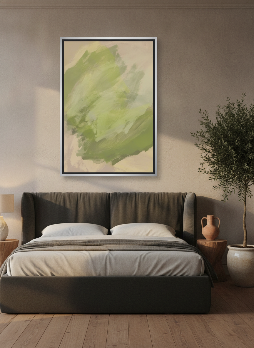 Oversized statement canvas wall art with a silver leaf surround styled on the wall in a luxe bedroom
