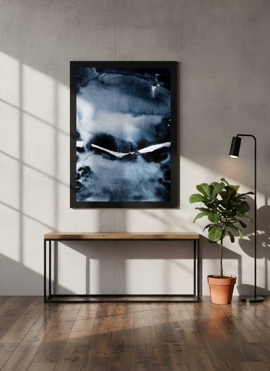 Modern wall art print styled on the wall in an industrial loft living room