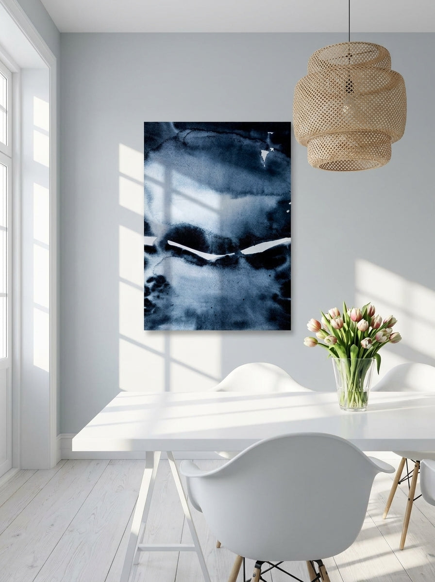 Stretched canvas wall art styled on the wall in a bright Scandinavian home office