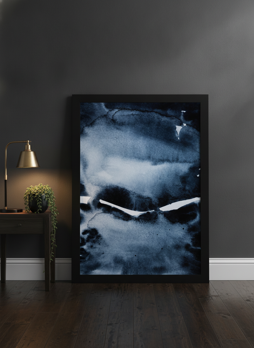 Oversized statement modern wall art print leaning against the wall in a moody bedroom