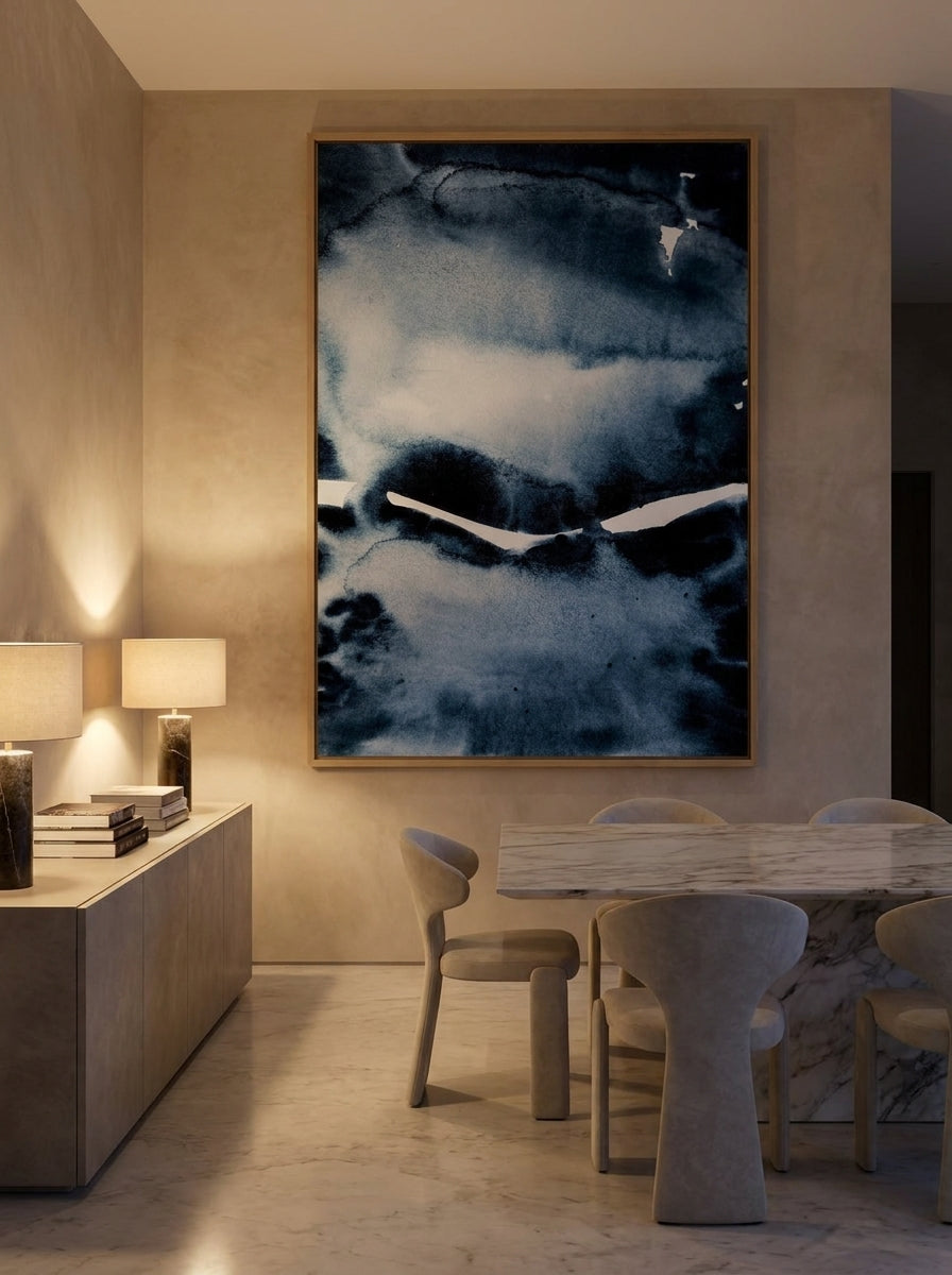 Oversized statement modern wall art print styled on the wall in a luxe dining room