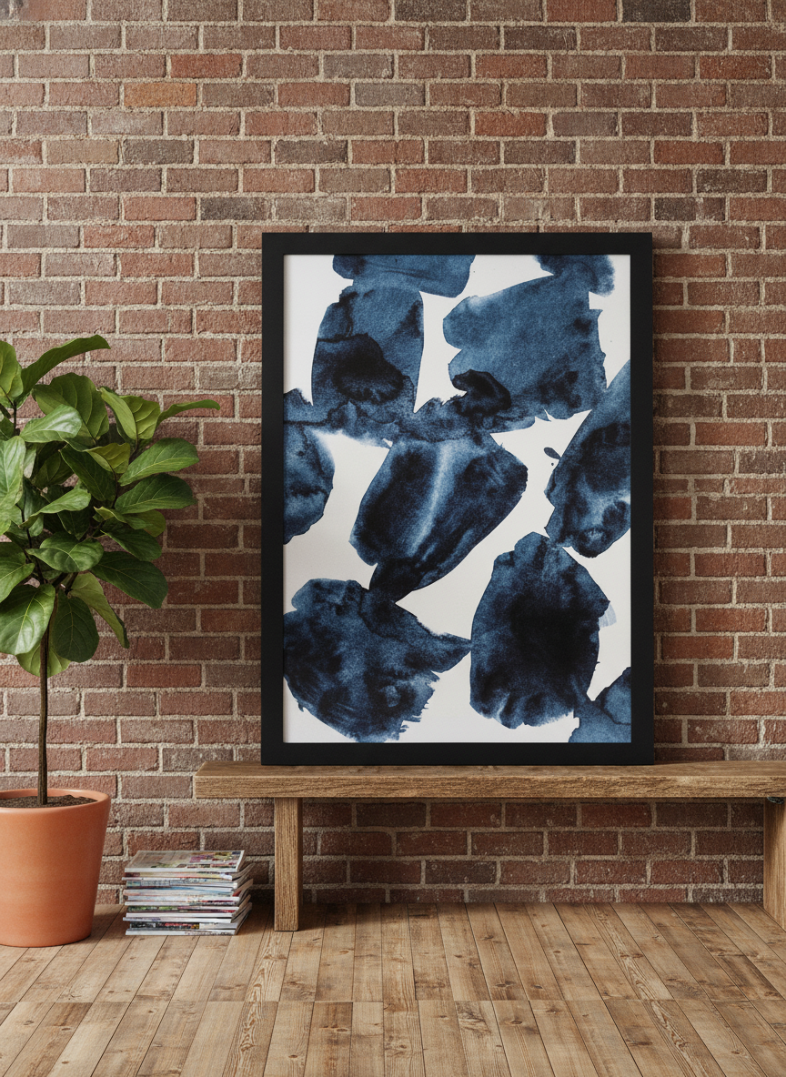 Modern wall art print standing on a bench in an industrial loft living room