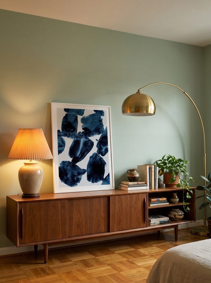 Modern wall art print standing on a sideboard in a mid-century bedroom