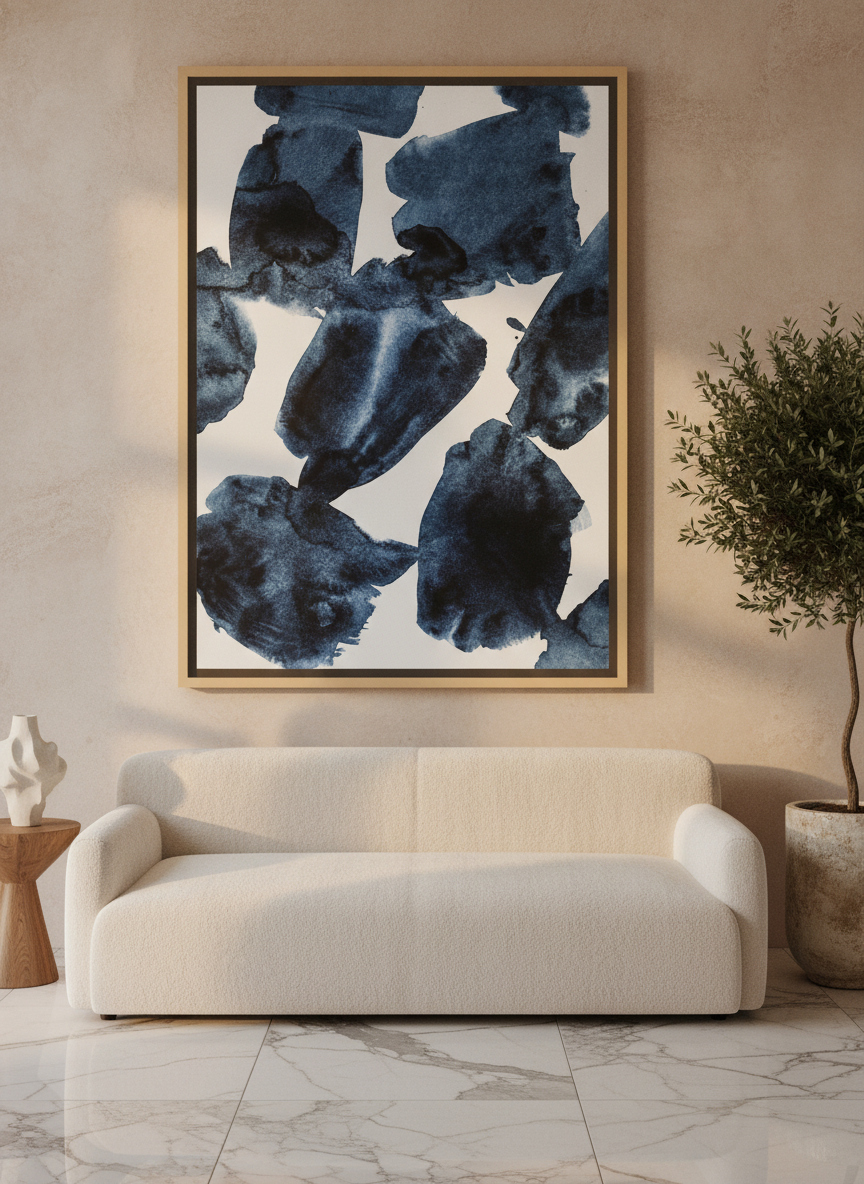 Oversized statement canvas wall art with a natural timber surround styled on the wall in a luxe living room