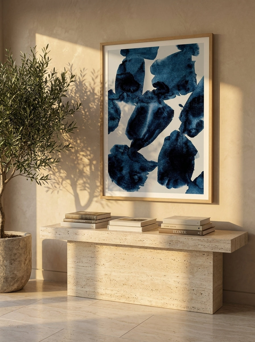 Modern wall art print styled on the wall in a luxe living room