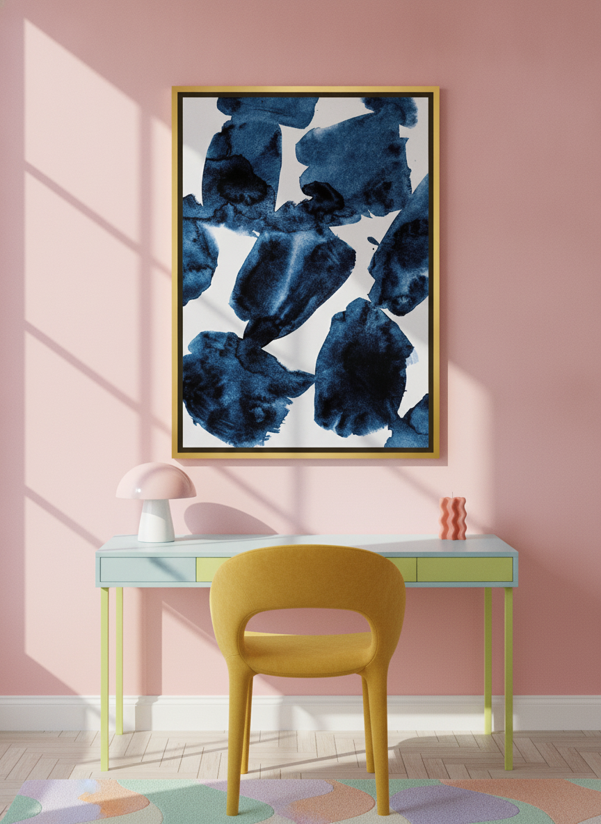 Canvas wall art with a gold leaf surround styled on the wall in a colourful eclectic home office