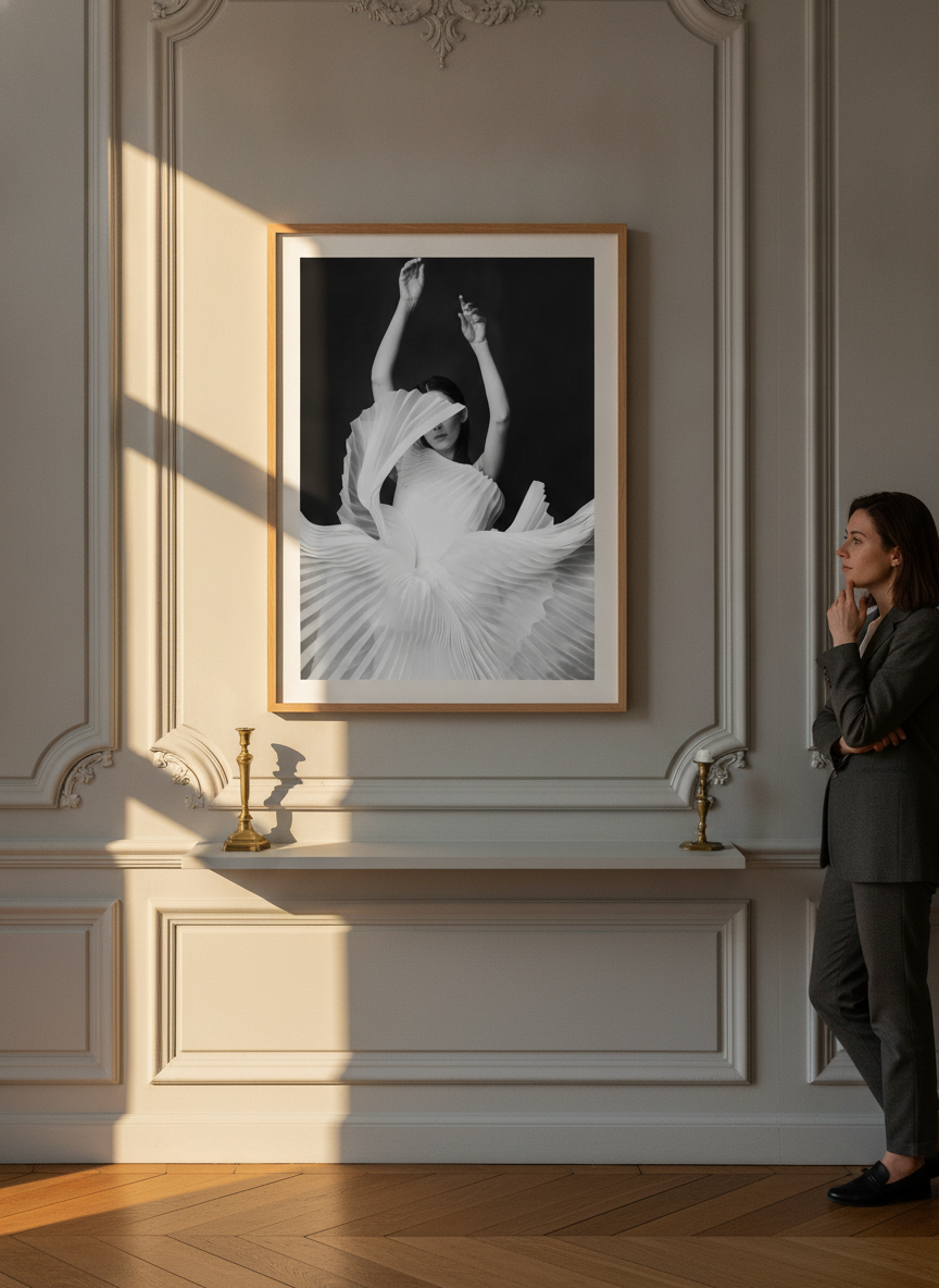 Person holding modern wall art print in a Parisian living room