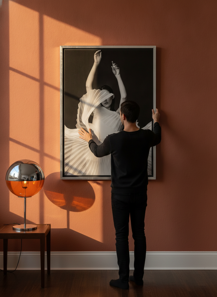 Person holding canvas wall art with a silver leaf surround in a retro 70s living room