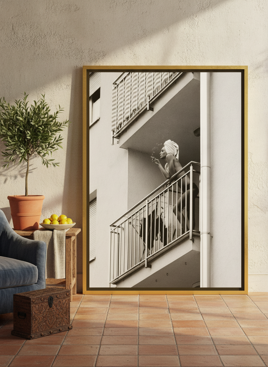 Canvas wall art with a gold leaf surround leaning against the wall in a Mediterranean living room