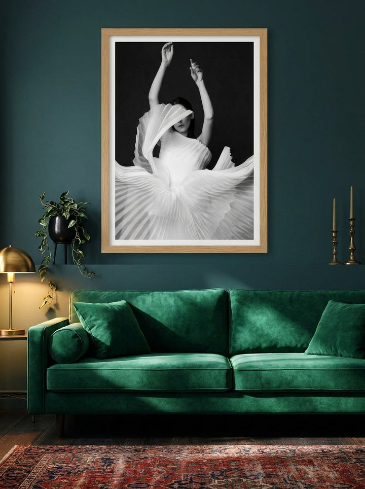 Modern wall art print styled on the wall in a moody living room