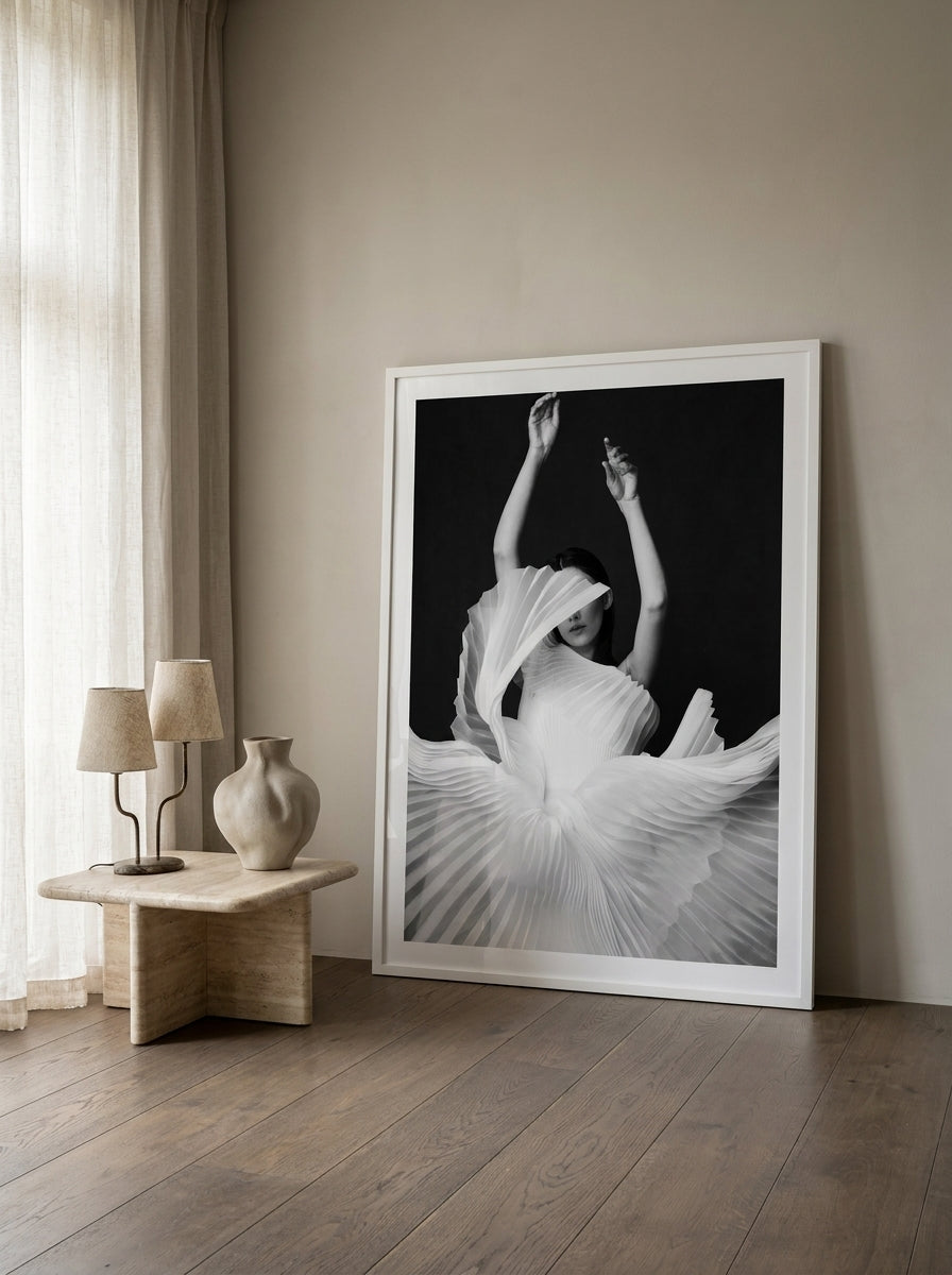 Oversized statement modern wall art print leaning against the wall in a luxe bedroom