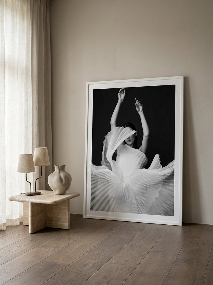 Oversized statement modern wall art print leaning against the wall in a luxe bedroom