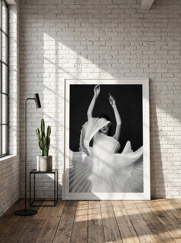 Oversized statement modern wall art print leaning against the wall in an industrial loft bedroom