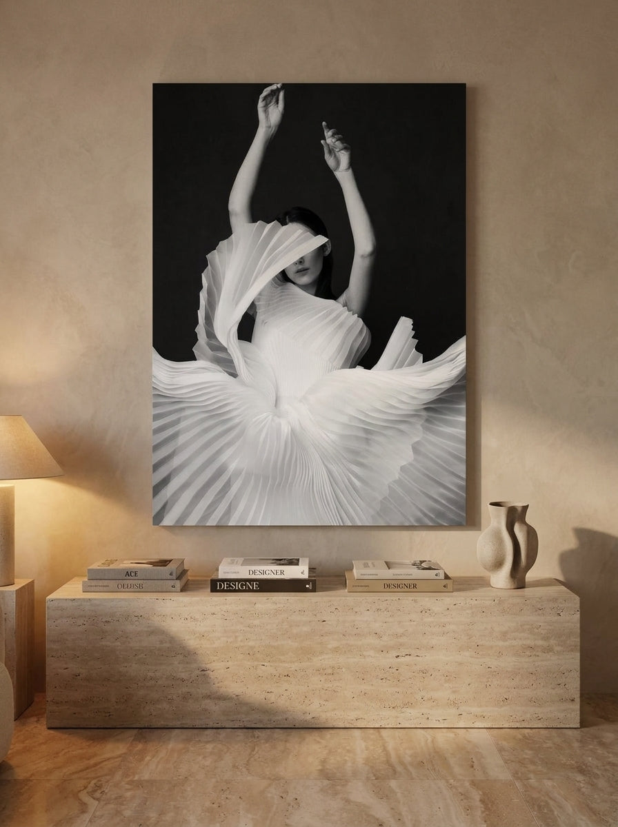 Stretched canvas wall art styled on the wall in a luxe living room