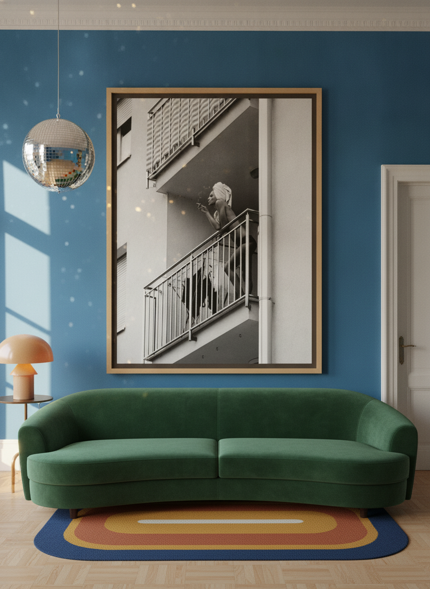 Oversized statement canvas wall art with a natural timber surround styled on the wall in a colourful eclectic living room