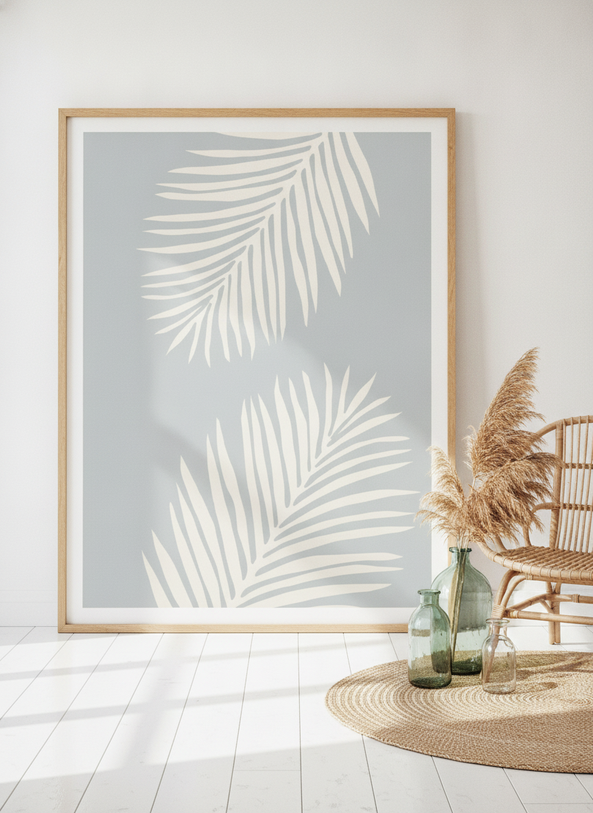 Oversized statement modern wall art print leaning against the wall in a coastal bedroom