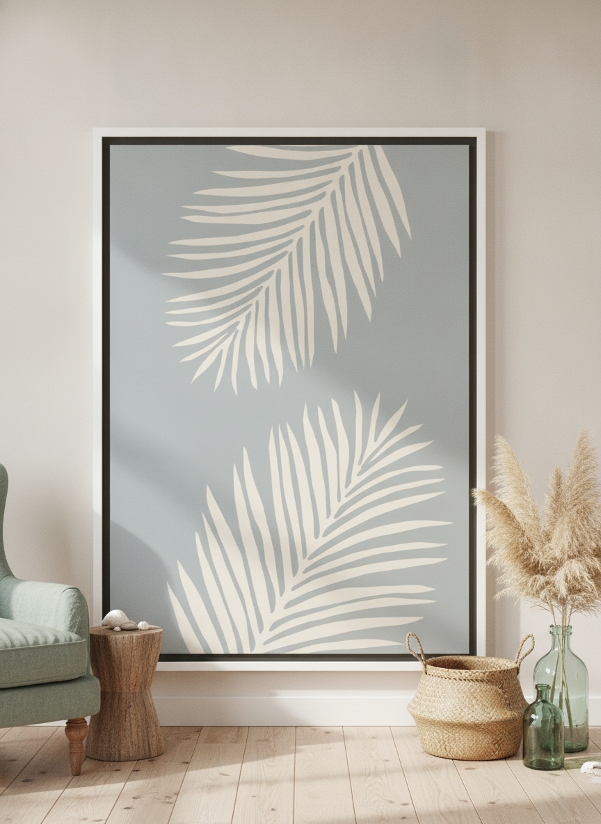 Oversized statement canvas wall art with a white surround leaning against the wall in a coastal living room