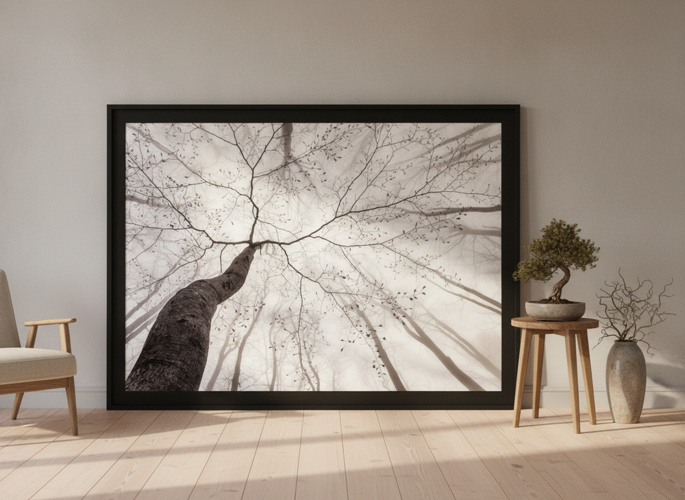 Oversized statement modern wall art print leaning against the wall in a warm Japandi home office