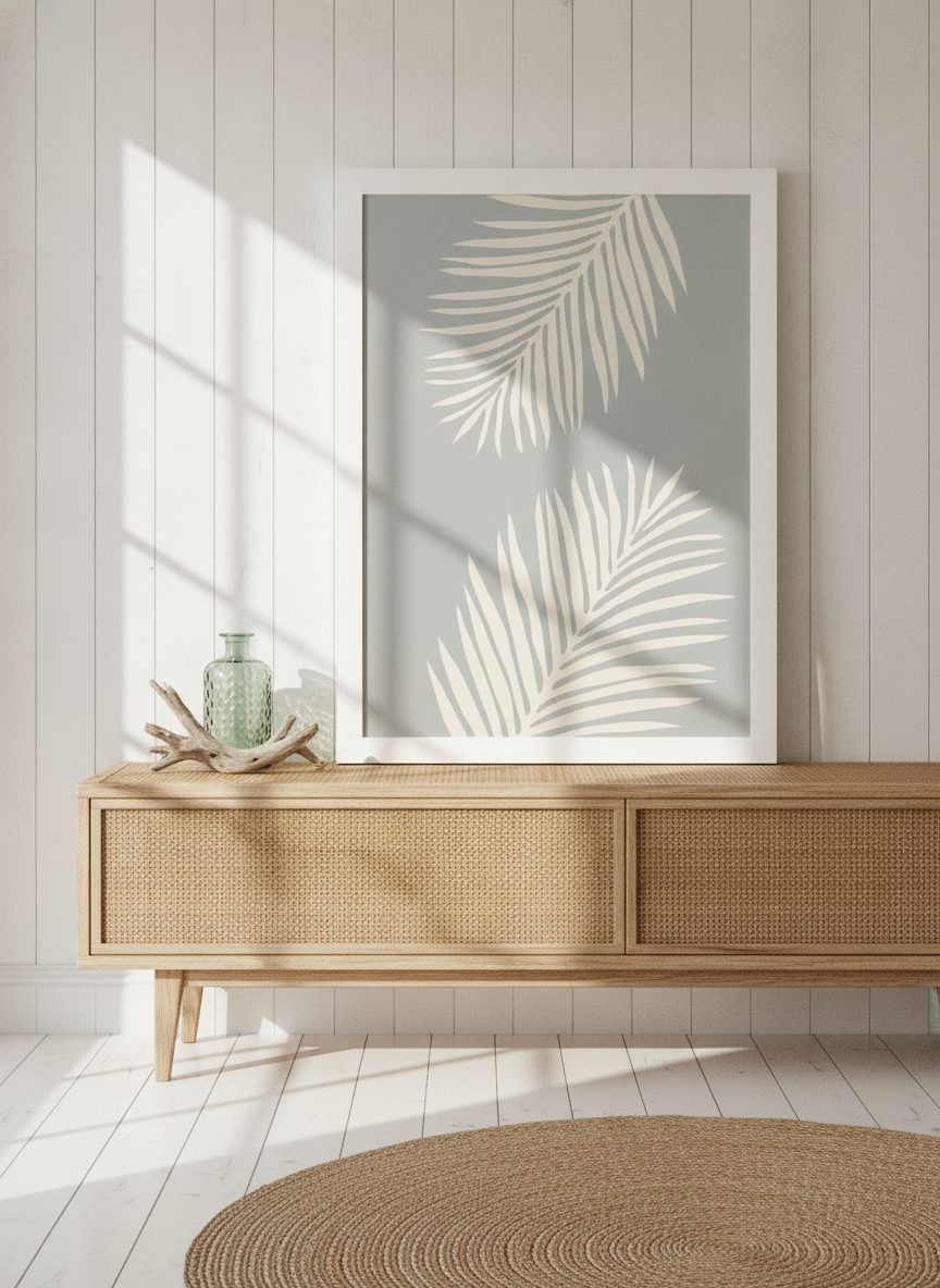 Modern wall art print standing on a sideboard in a coastal bathroom