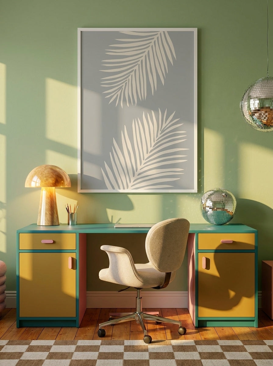 Modern wall art print styled on the wall in a colourful eclectic home office
