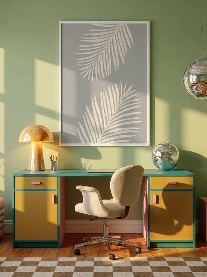 Modern wall art print styled on the wall in a colourful eclectic home office