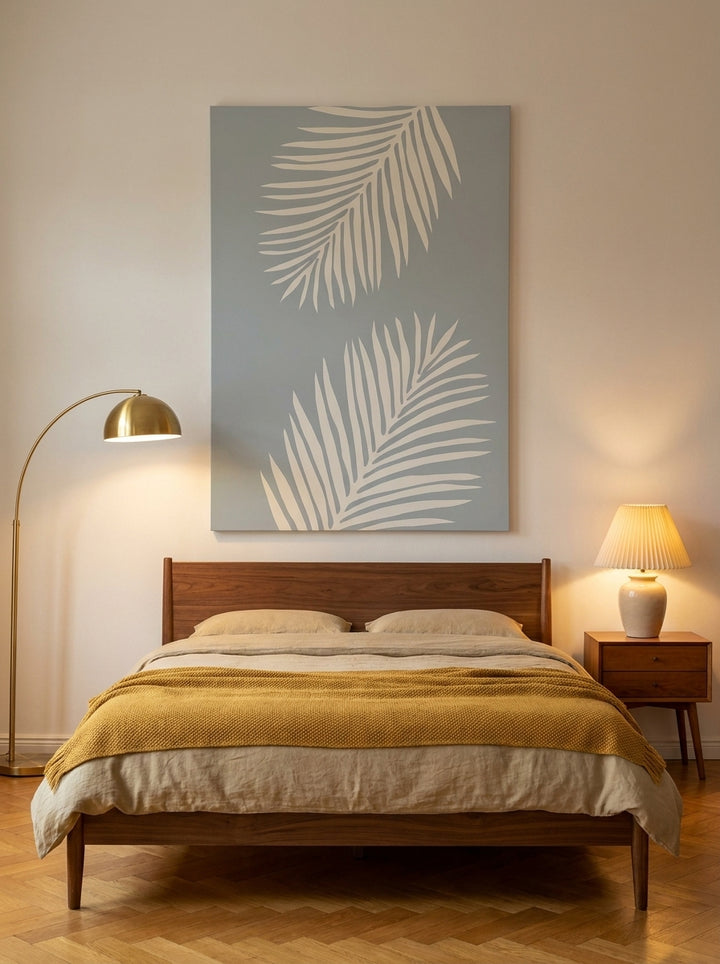 Stretched canvas wall art styled on the wall in a mid-century bedroom