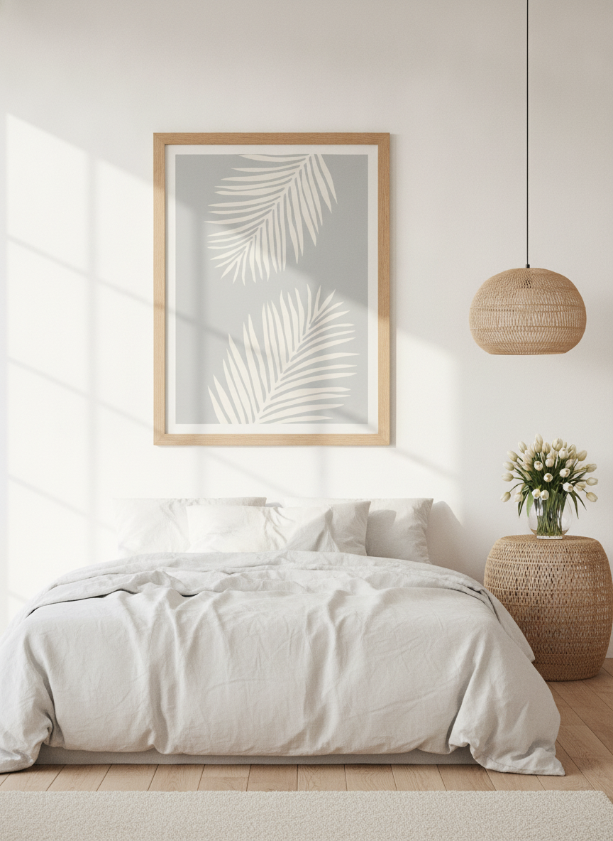 Modern wall art print styled on the wall in a bright Scandinavian bedroom