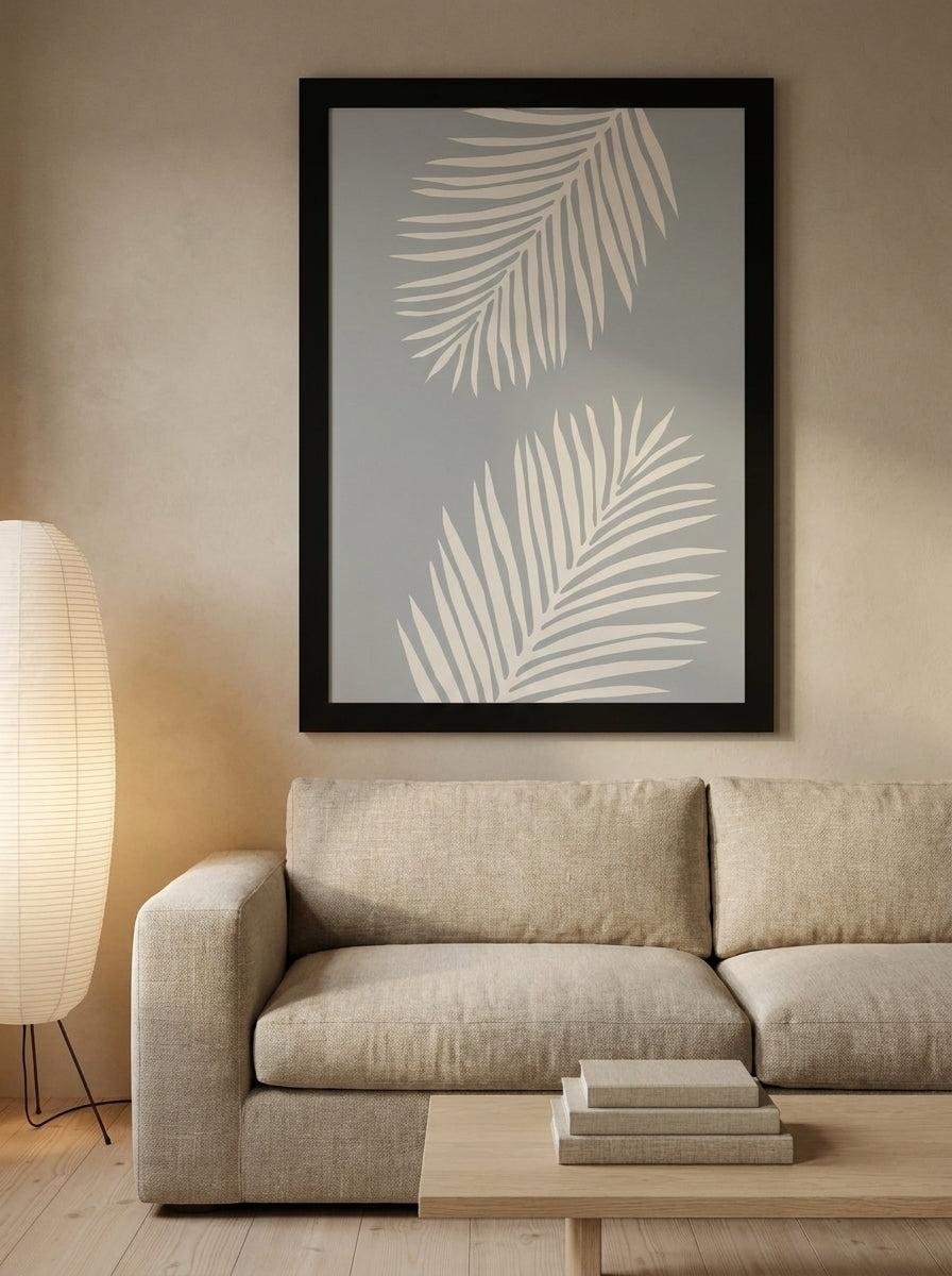 Oversized statement modern wall art print styled on the wall in a warm Japandi living room