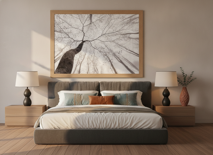Oversized statement modern wall art print styled on the wall in a luxe bedroom