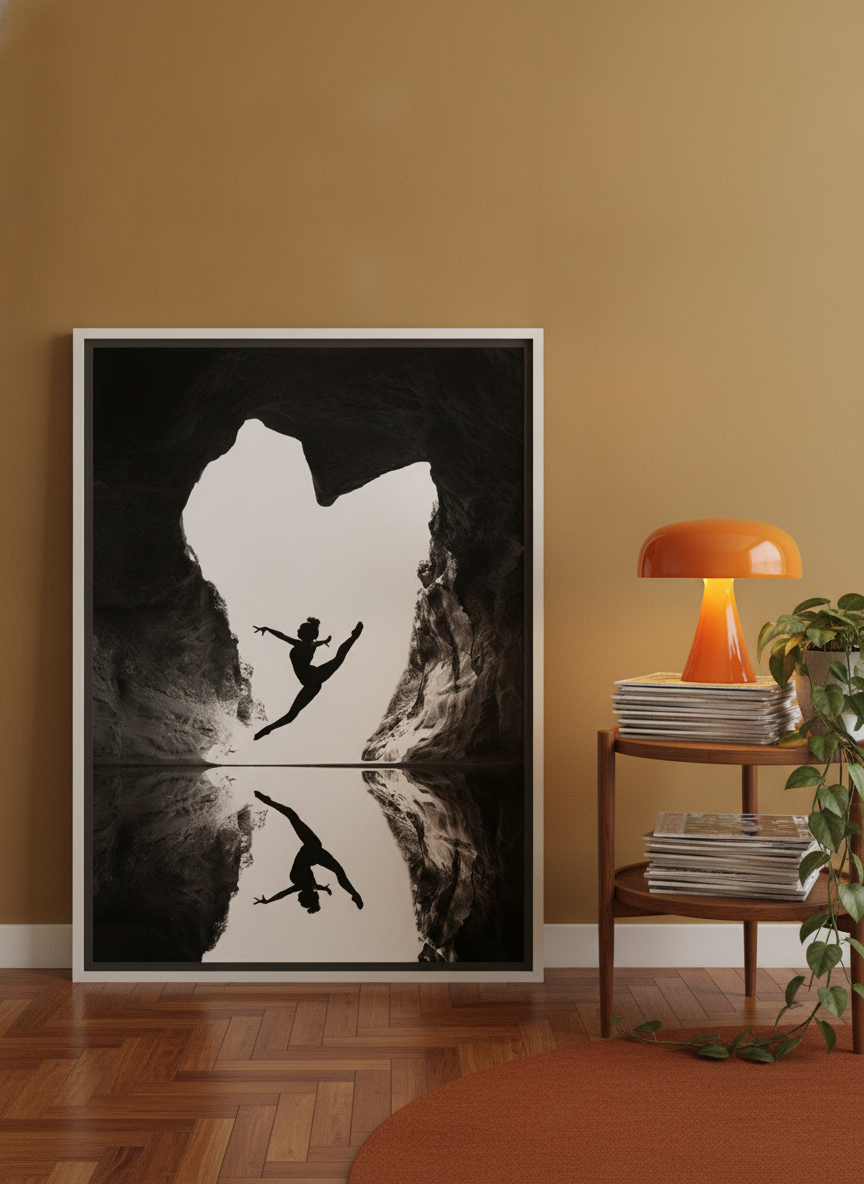 Canvas wall art with a white surround leaning against the wall in a retro 70s home office