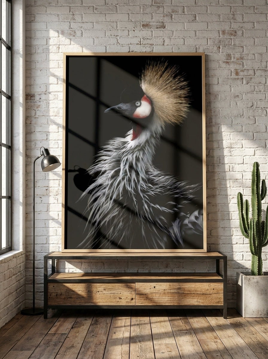Modern wall art print standing on a console in an industrial loft living room