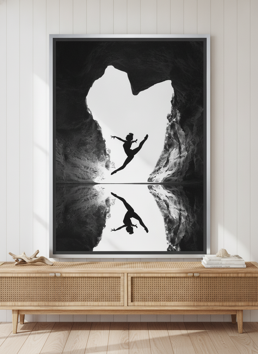 Canvas wall art with a silver leaf surround standing on a sideboard in a coastal bedroom
