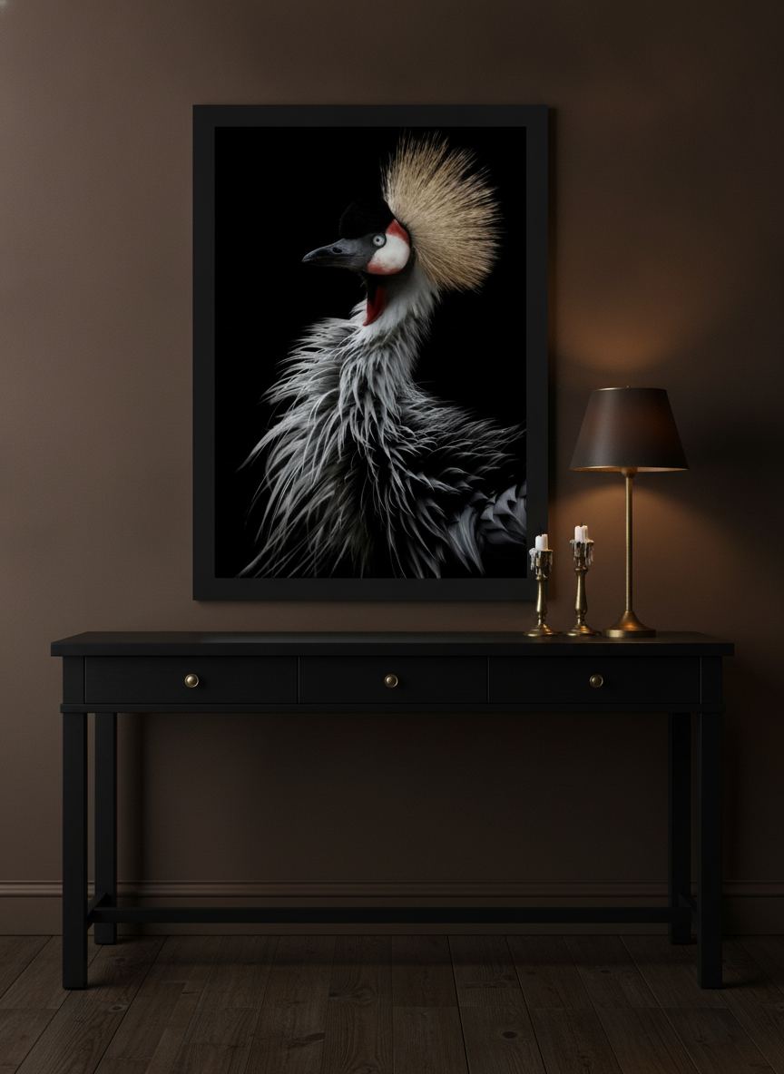 Modern wall art print standing on a console in a moody home office