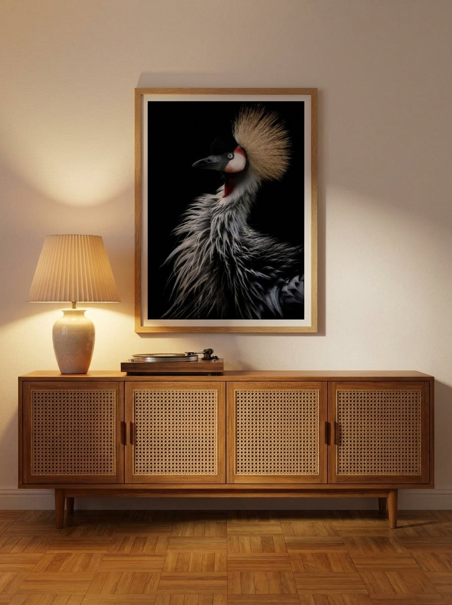 Modern wall art print styled on the wall in a mid-century living room