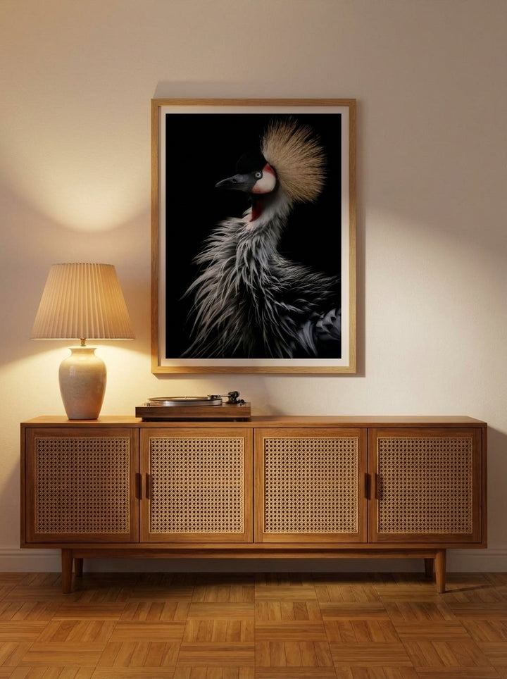 Modern wall art print styled on the wall in a mid-century living room