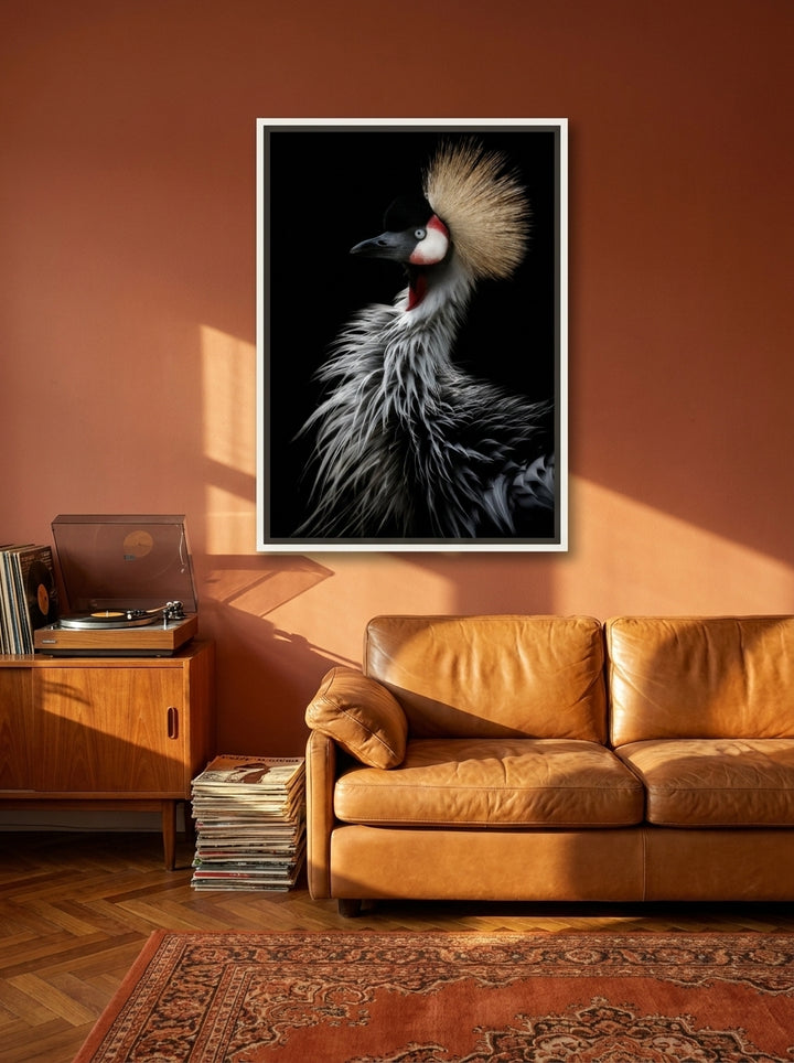 Canvas wall art with a white surround styled on the wall in a retro 70s living room