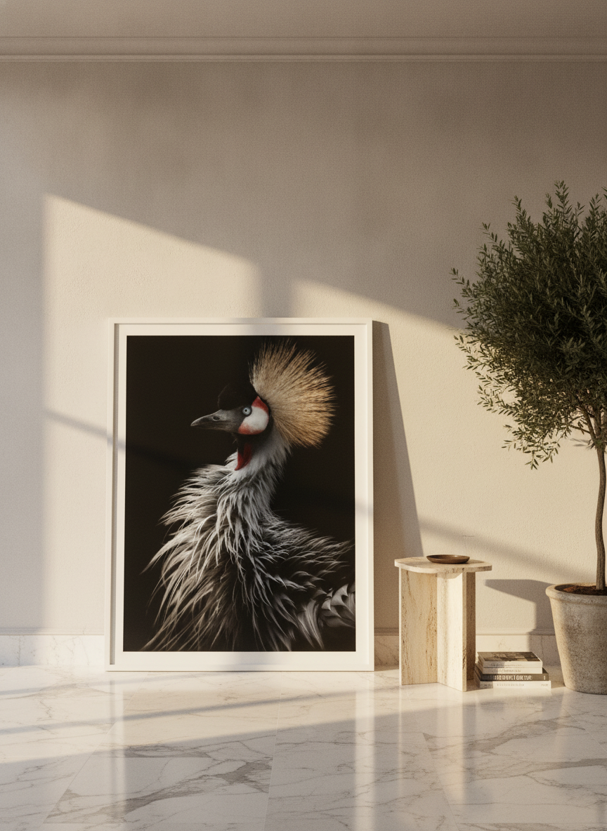 Oversized statement modern wall art print leaning against the wall in a luxe dining room