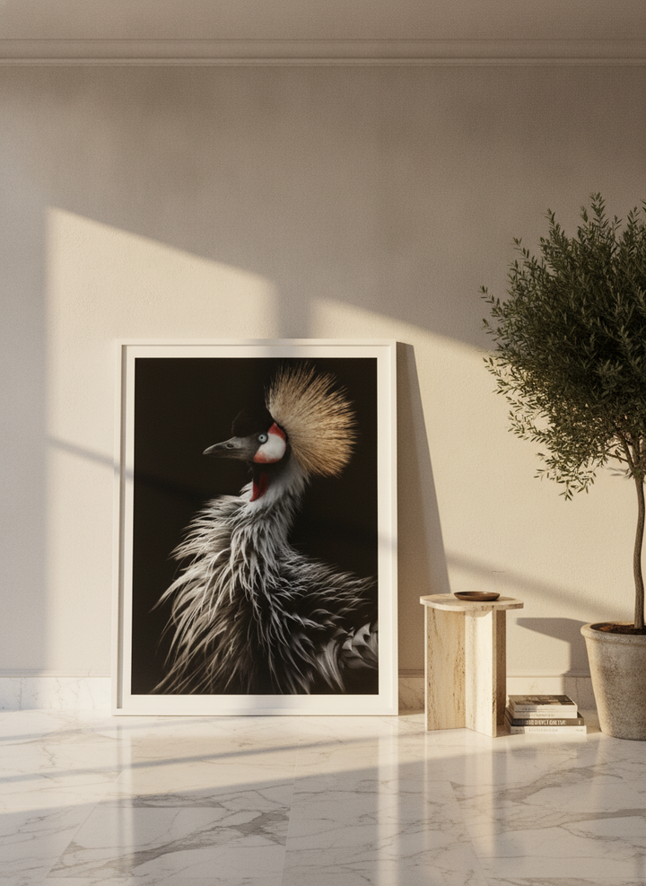 Oversized statement modern wall art print leaning against the wall in a luxe dining room