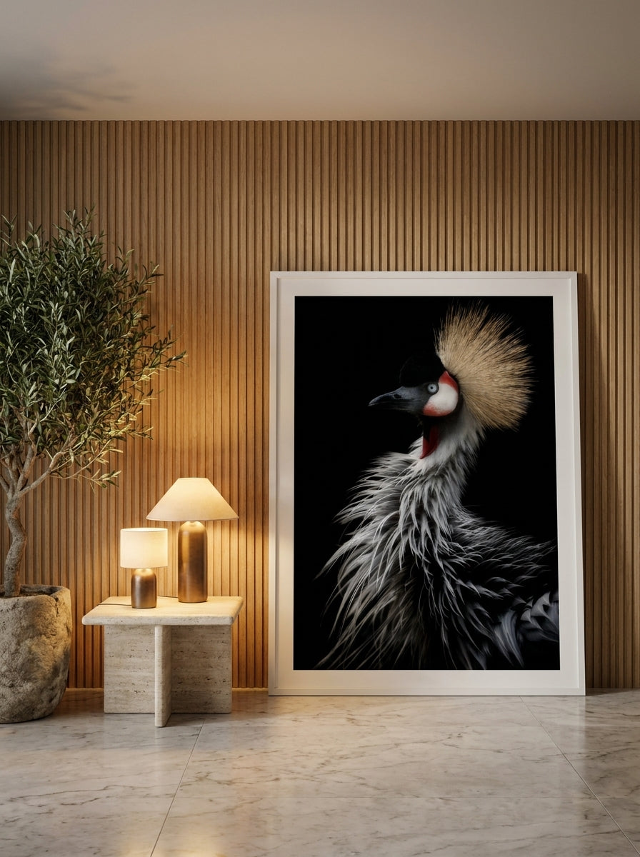 Oversized statement modern wall art print leaning against the wall in a luxe bedroom