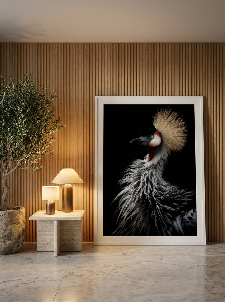 Oversized statement modern wall art print leaning against the wall in a luxe bedroom