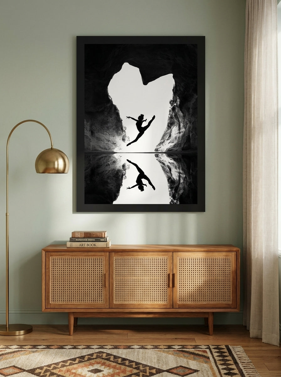 Oversized statement modern wall art print styled on the wall in a mid-century living room