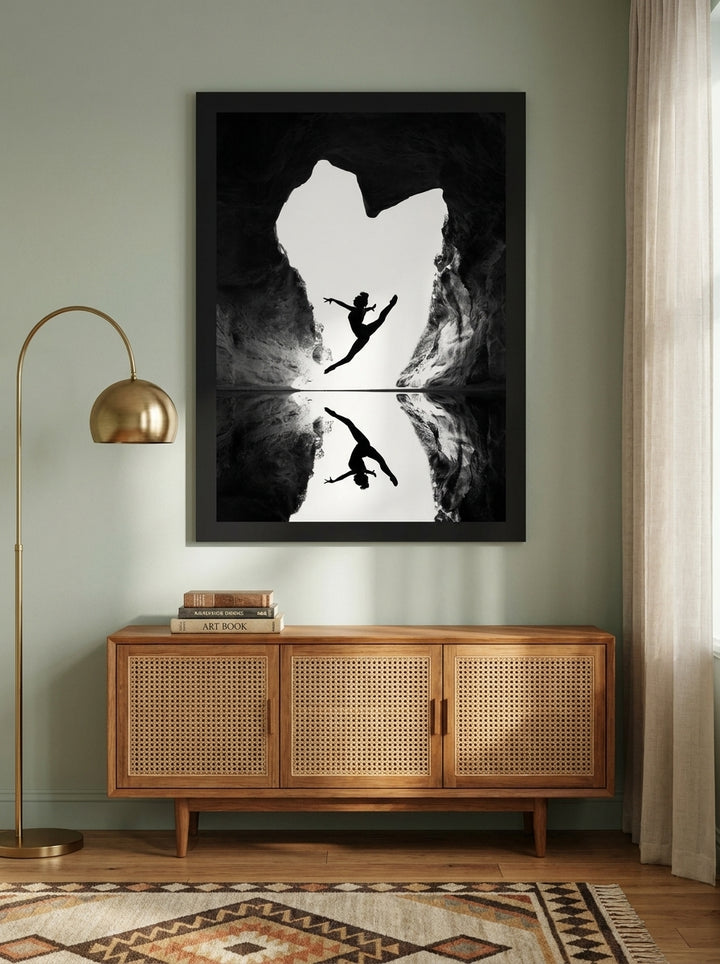 Oversized statement modern wall art print styled on the wall in a mid-century living room