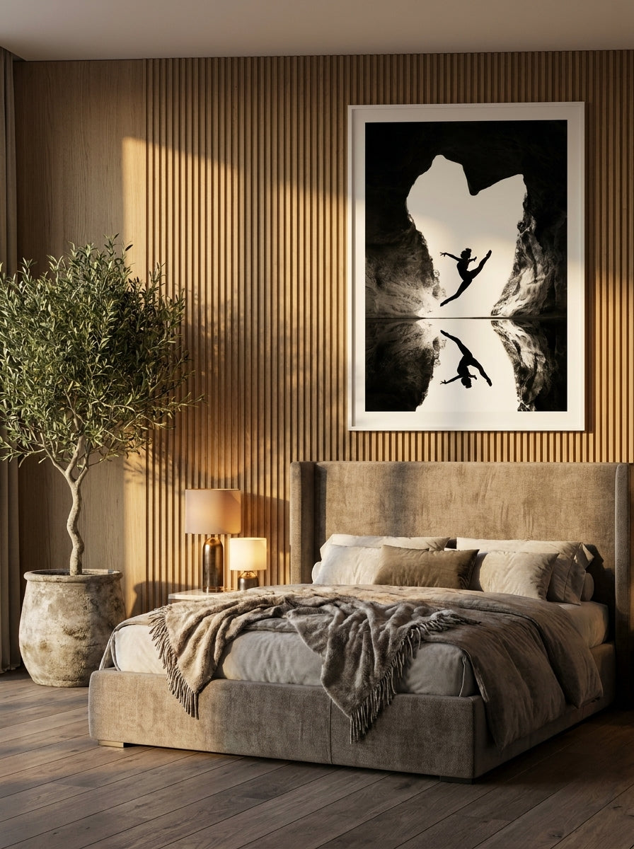 Oversized statement modern wall art print styled on the wall in a luxe bedroom