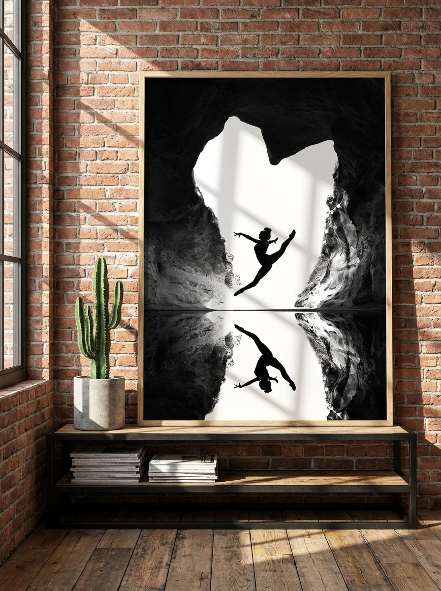 Modern wall art print standing on a console in an industrial loft bedroom
