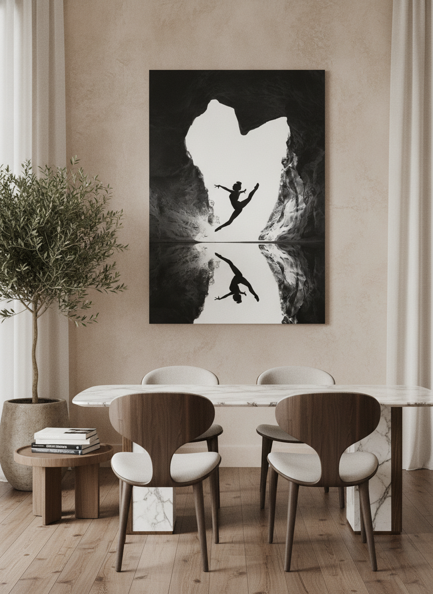 Stretched canvas wall art styled on the wall in a luxe dining room