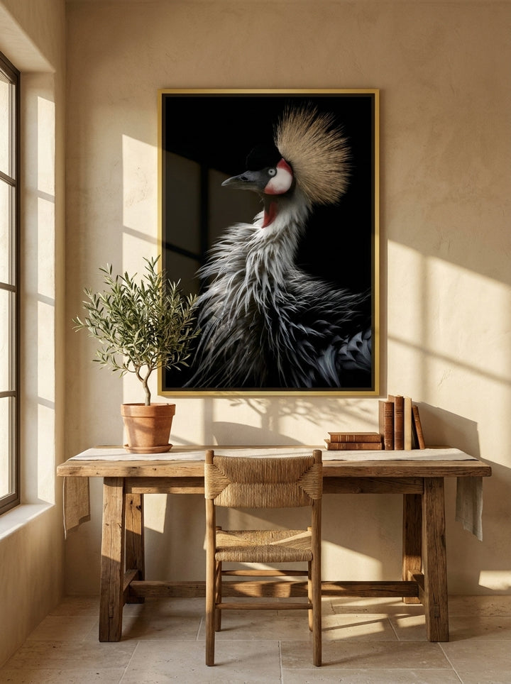 Canvas wall art with a gold leaf surround styled on the wall in a Mediterranean home office